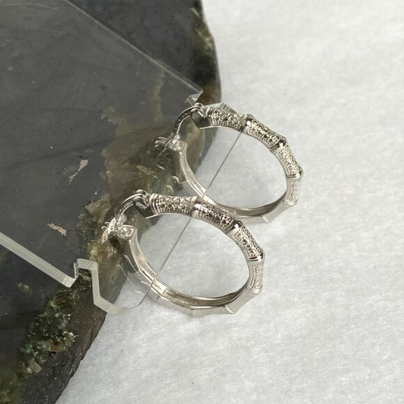 Sterling Silver 925 DBJ Bamboo Style Single Diamond Hoop Earrings MISSING STONE - Picture 11 of 16